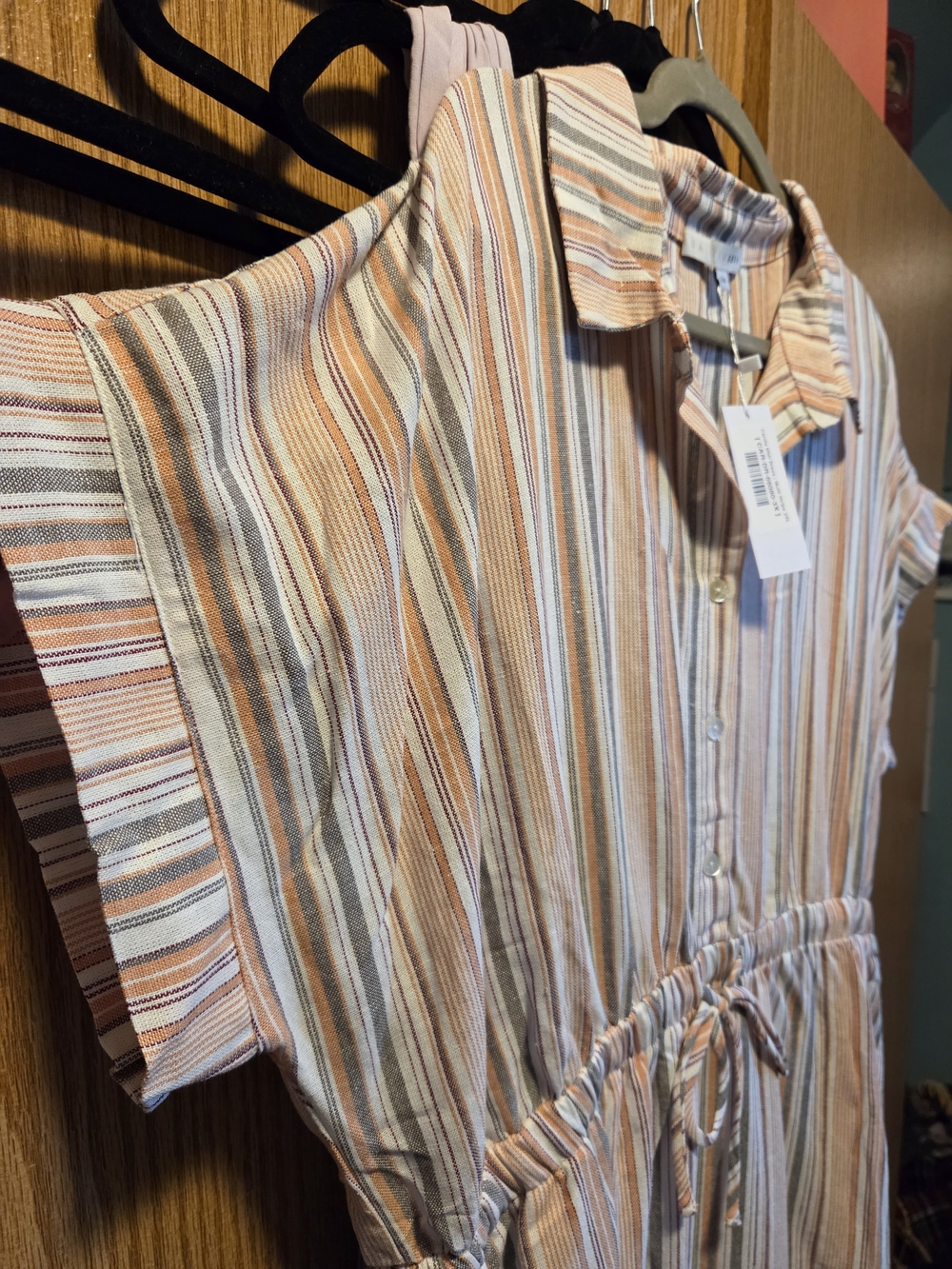 Baltic Born Striped Button-Front Shirt Dress in Peach, Cream & Gray - Picture 3 of 4